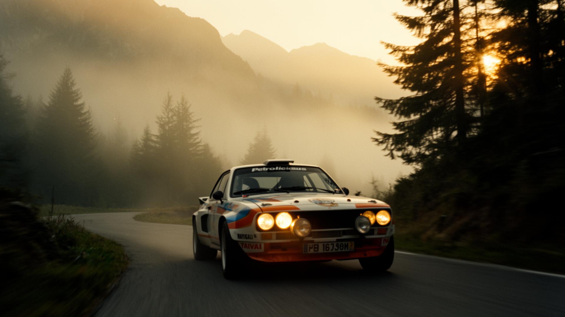 Custom rally car driving through foggy alpine mountains at sunrise