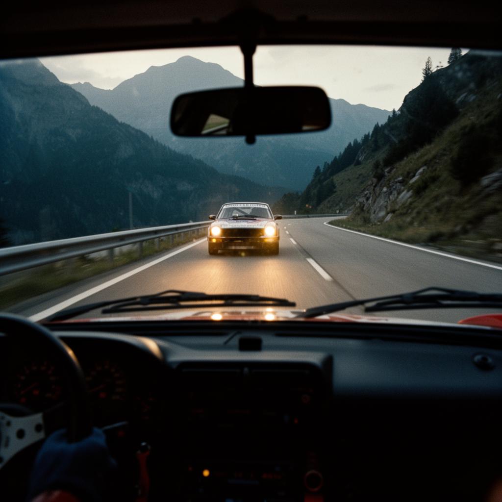 Driver's view through windshield on alpine road at dusk